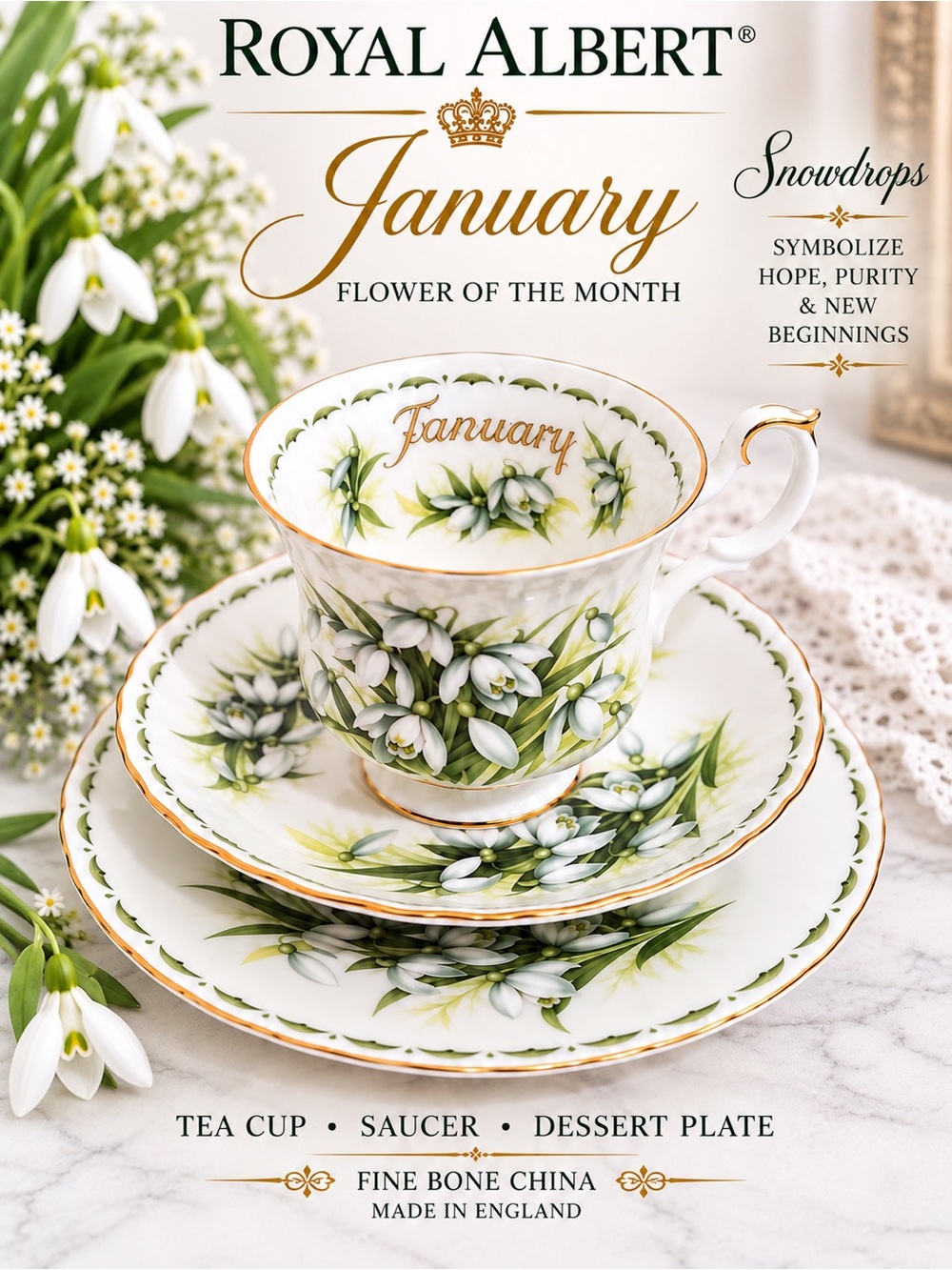 Royal Albert January “Snowdrops” | Flower of the Month 3-Piece Tea Set